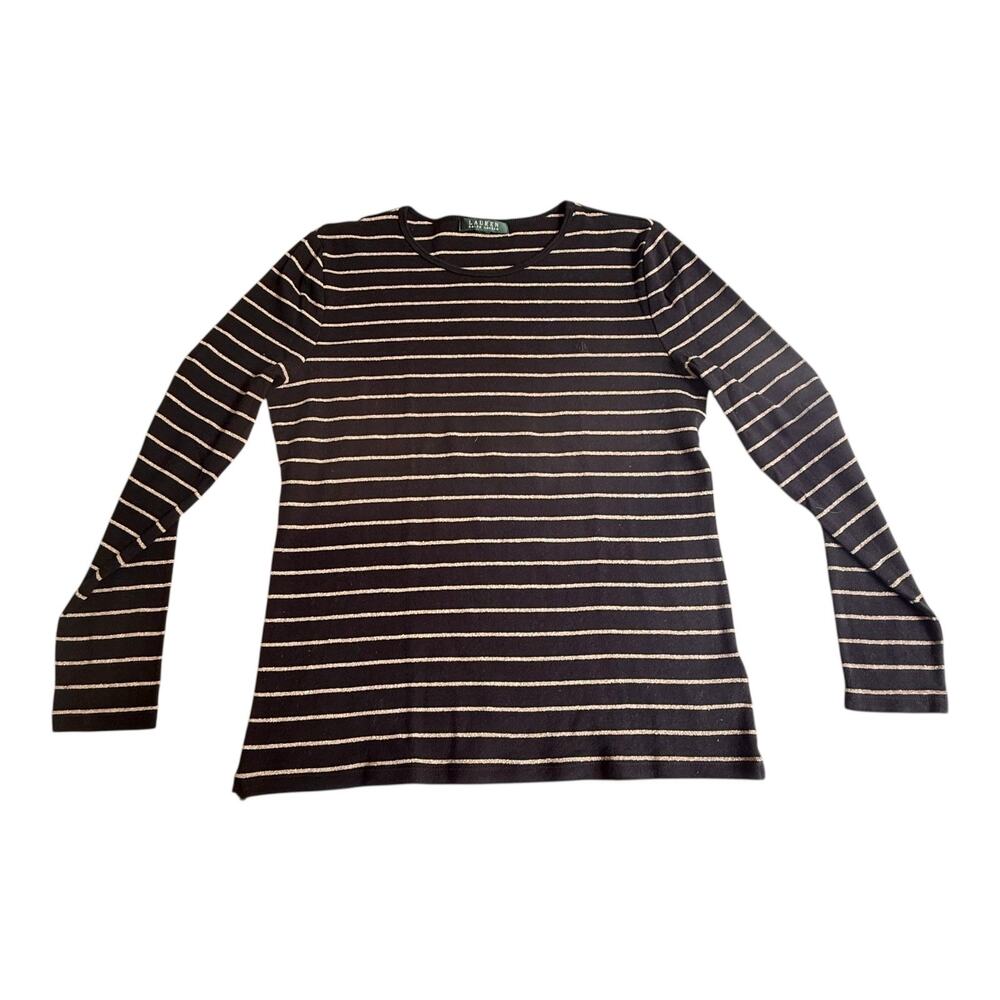 VTG Lauren Ralph Lauren TOP Women's MED Black & Gold Glitter Striped Long Sleeve